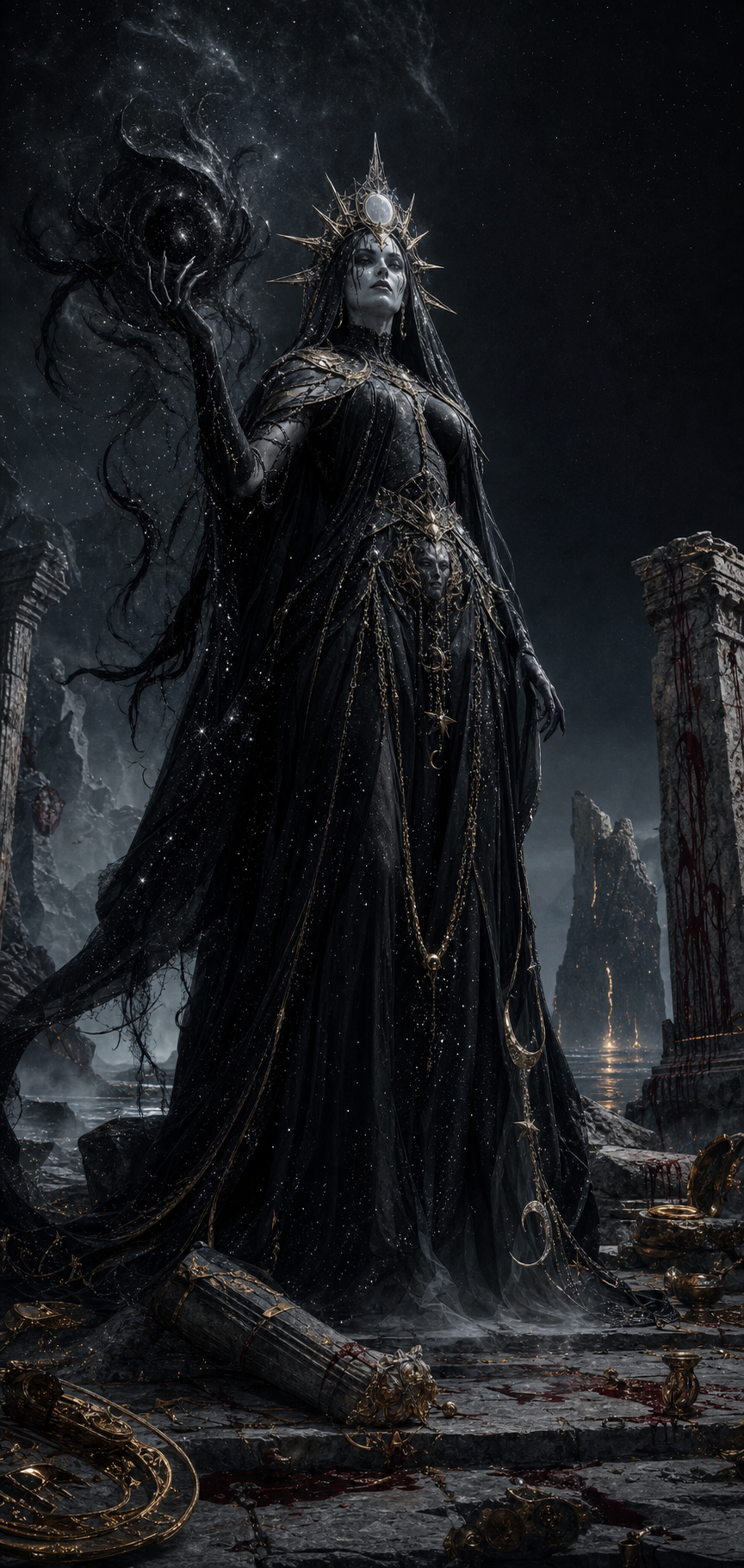Nyx, primordial goddess of Night, standing in the Underworld